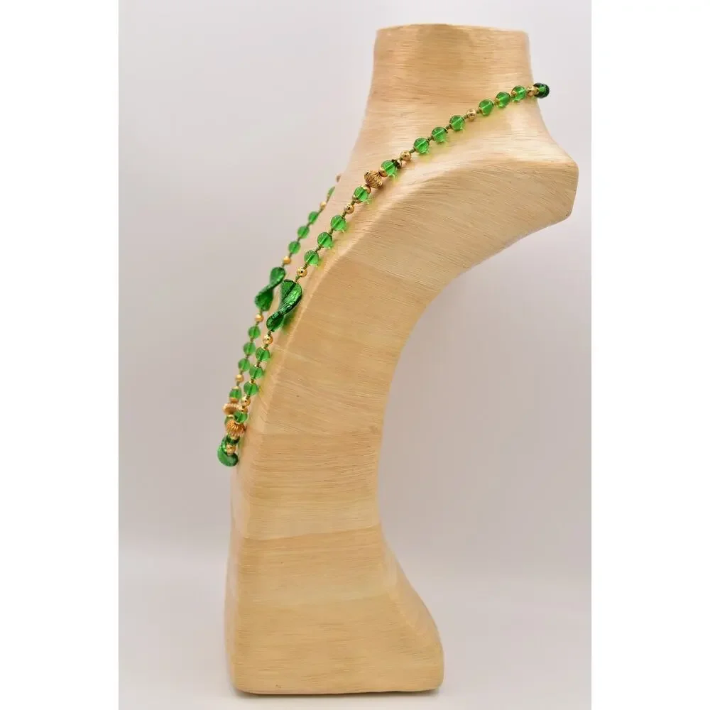 Vintage Artisan Glass Beaded Necklace Green Leaf Gold Fall Autumn 1980s BinBL